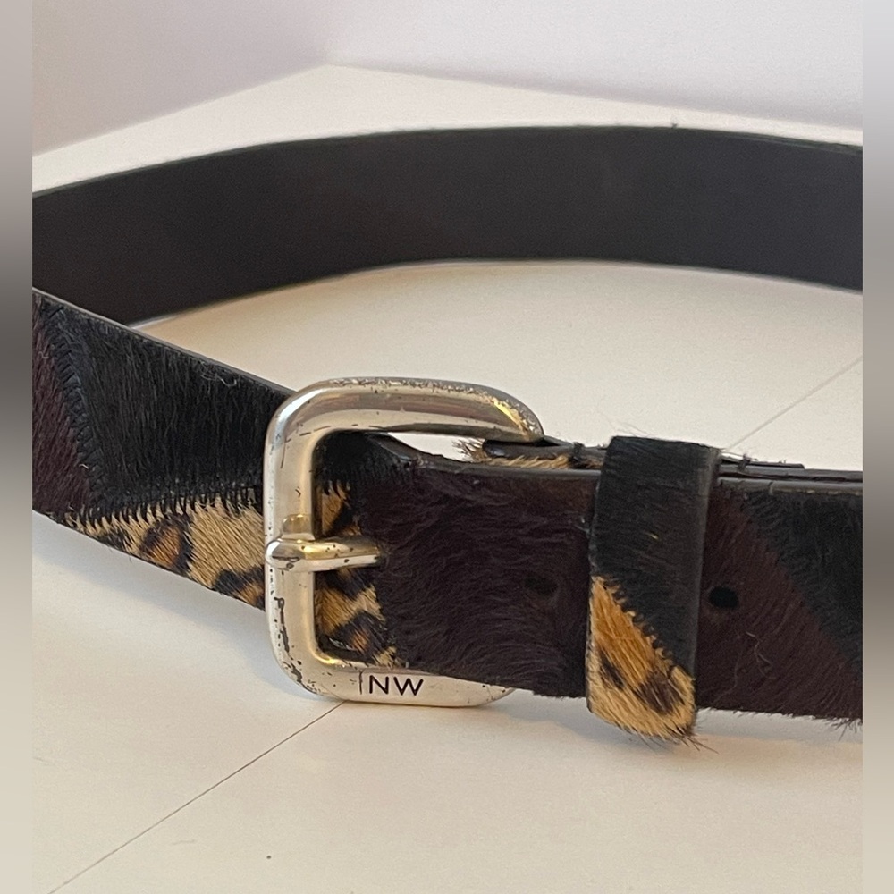 Nine West Patchwork Ponyskin Animal Print Leather Belt Silver Buckle Large